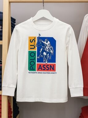 U.S. Polo Assn. White Long-Sleeve Tee with Blue, Green, Yellow & Red Logo